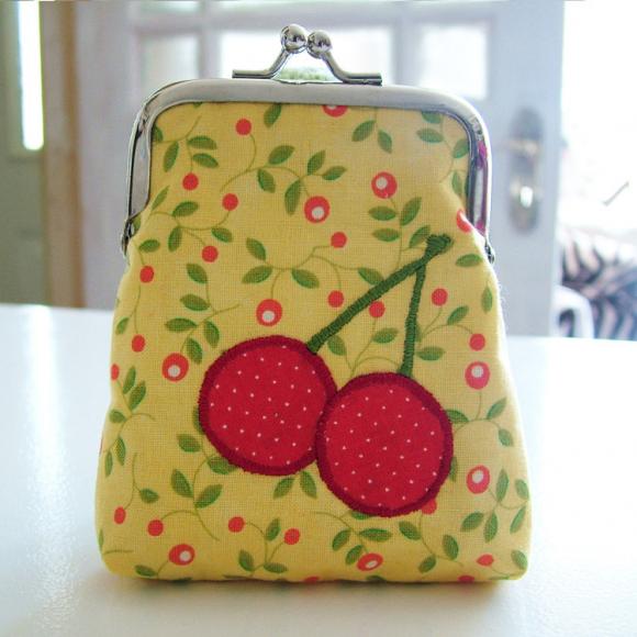 Yellow Coin Purse With Embroidered Cherries